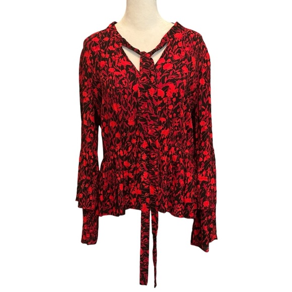 A Loves A Floral Ruched Bell Sleeve Top V-neck Peplum Size M Red & Black​ - Picture 1 of 9